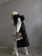 Kapusonlu Sisme Black Maxi Vest