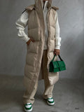 Kapusonlu Sisme Beige Maxi Vest