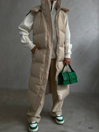 Kapusonlu Sisme Beige Maxi Vest