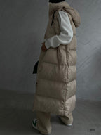 Kapusonlu Sisme Beige Maxi Vest