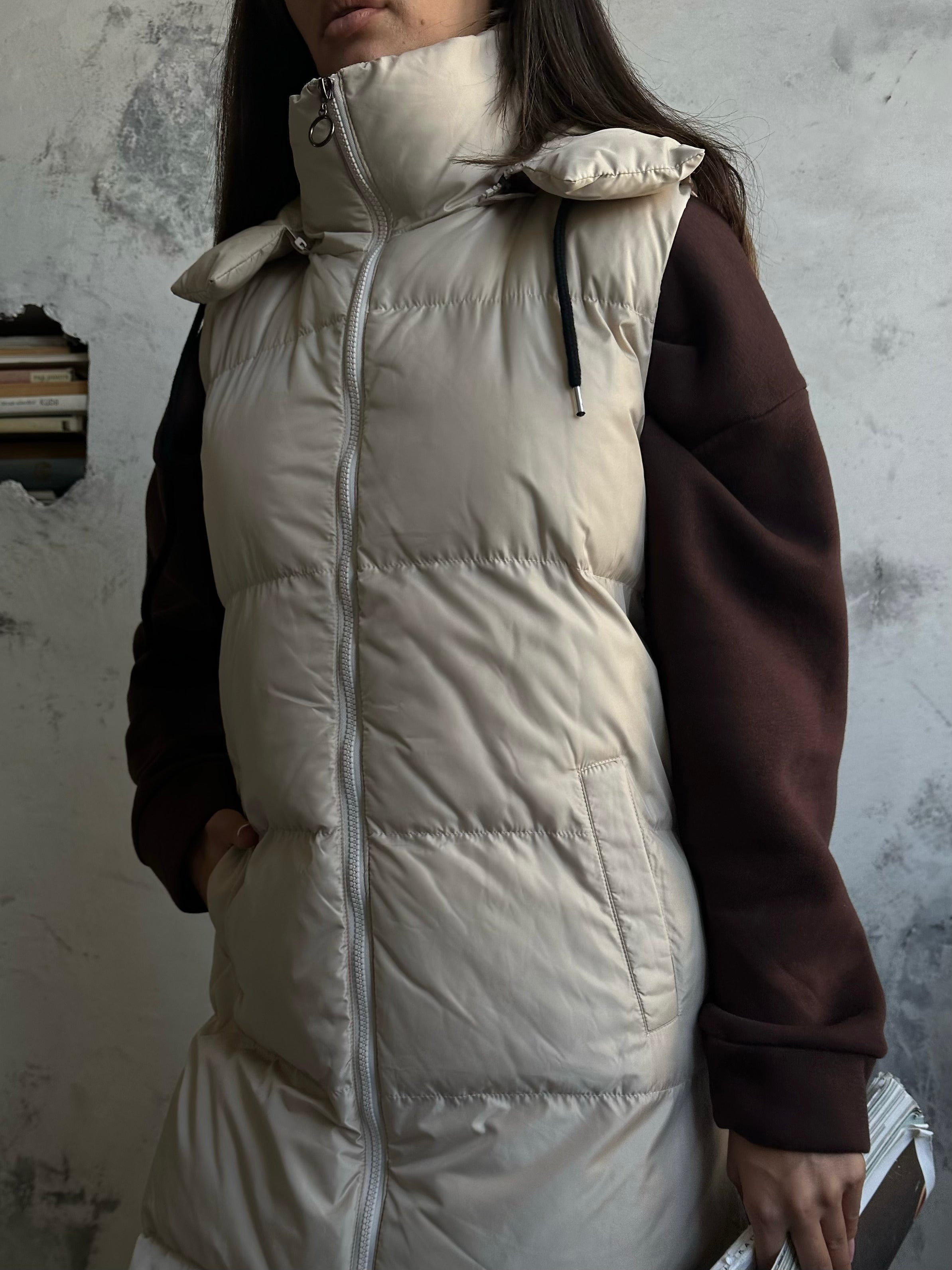 Kapusonlu Sisme Beige Maxi Vest