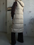 Kapusonlu Sisme Beige Maxi Vest