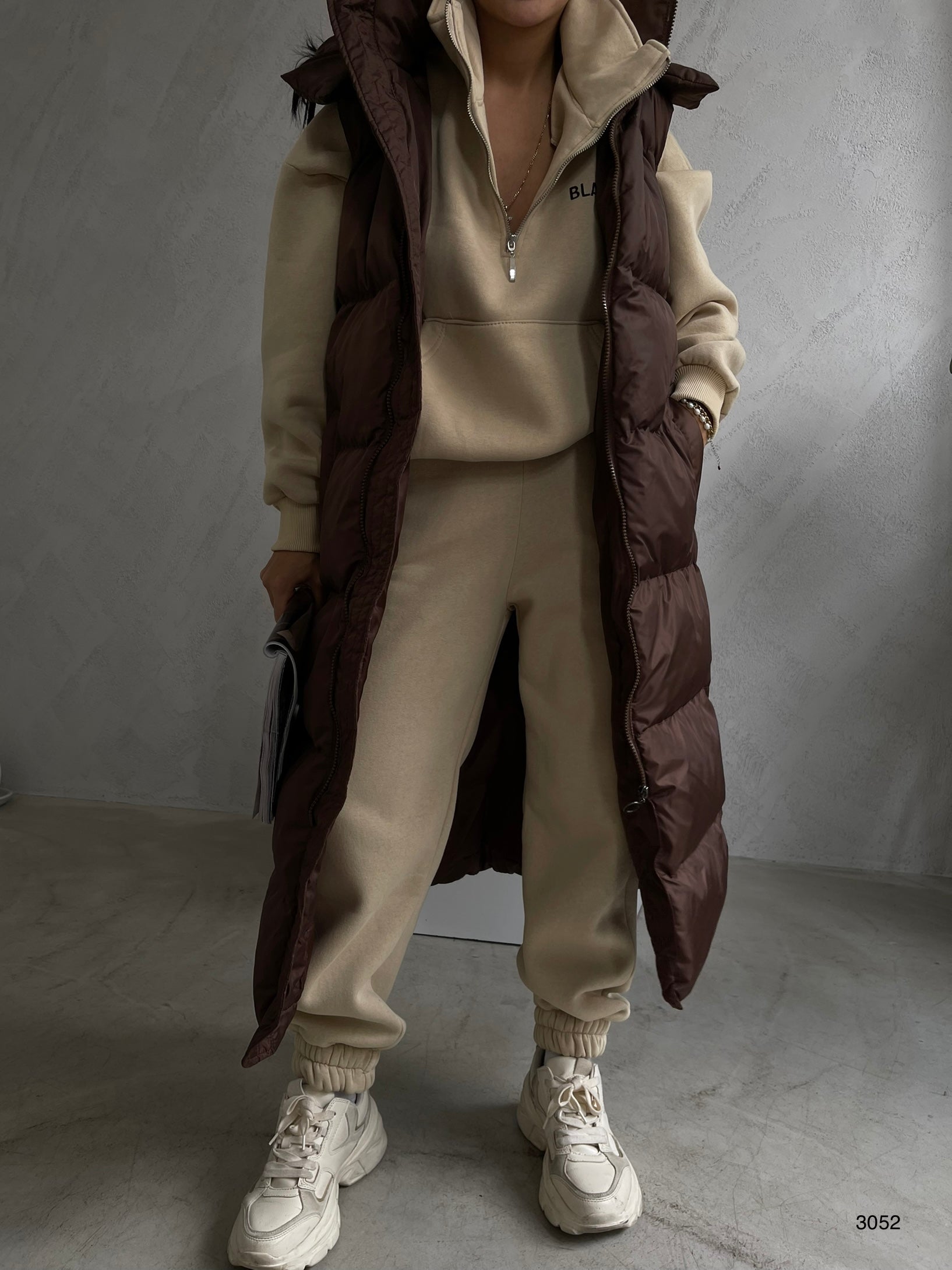 Kapusonlu Sisme Brown Maxi Vest