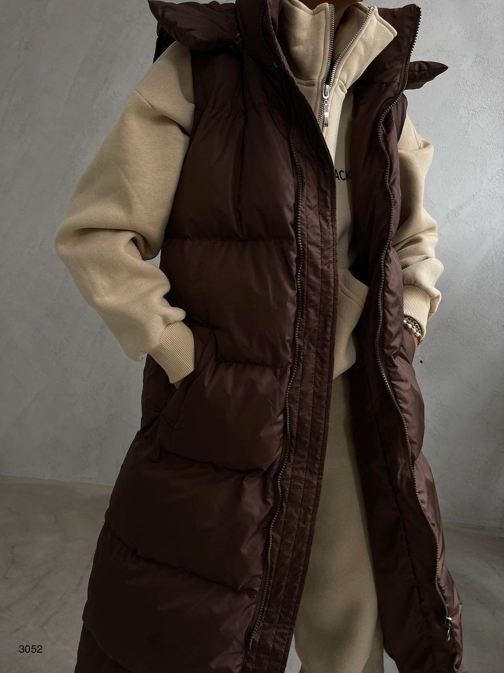Kapusonlu Sisme Brown Maxi Vest