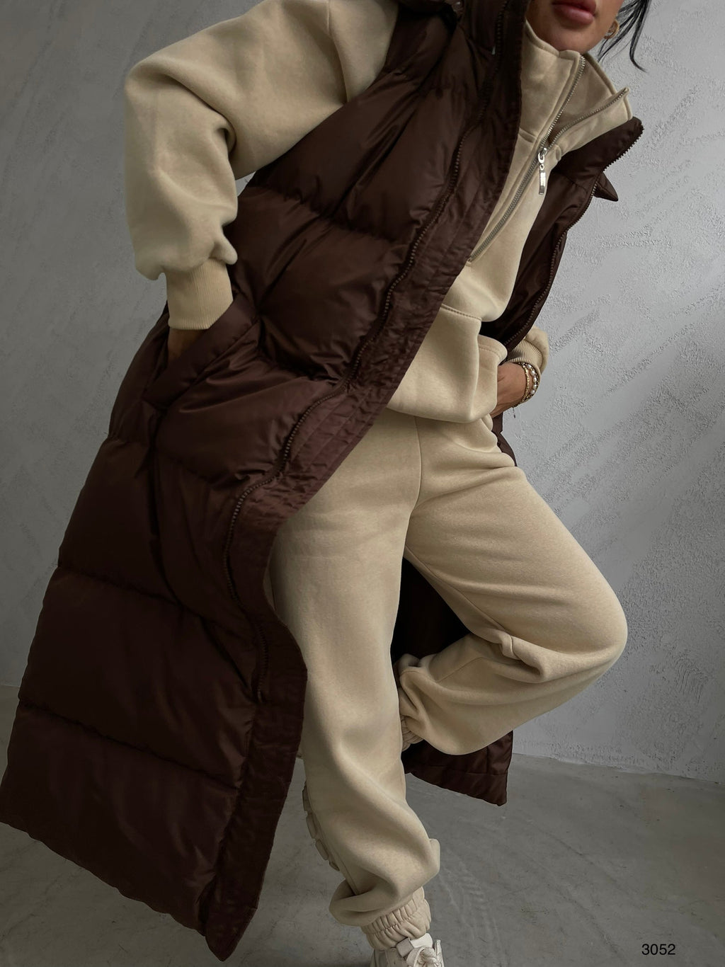 Kapusonlu Sisme Brown Maxi Vest