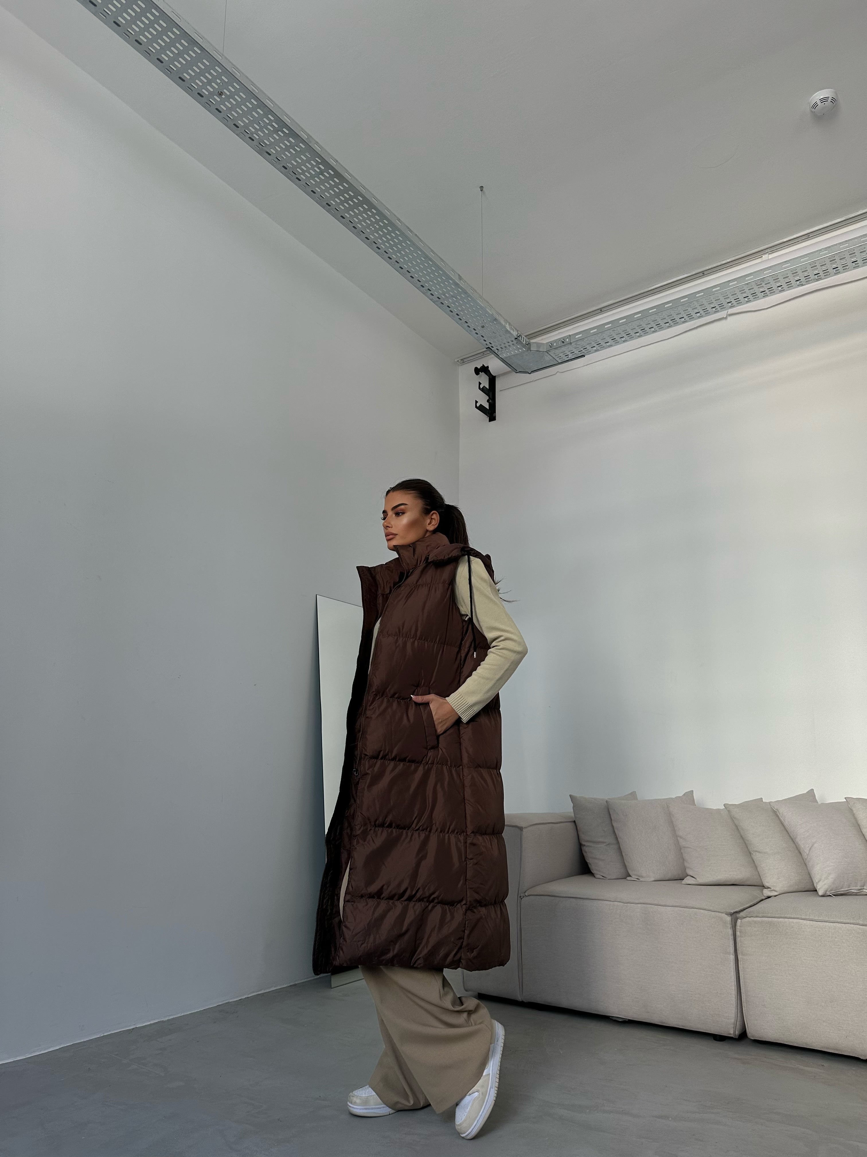 Kapusonlu Sisme Brown Maxi Vest