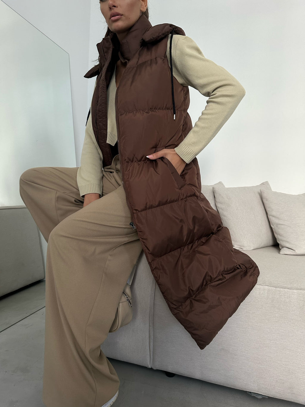 Kapusonlu Sisme Brown Maxi Vest