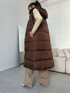 Kapusonlu Sisme Brown Maxi Vest
