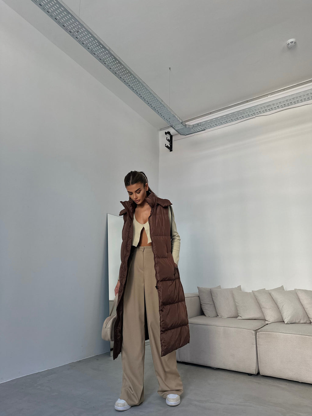 Kapusonlu Sisme Brown Maxi Vest