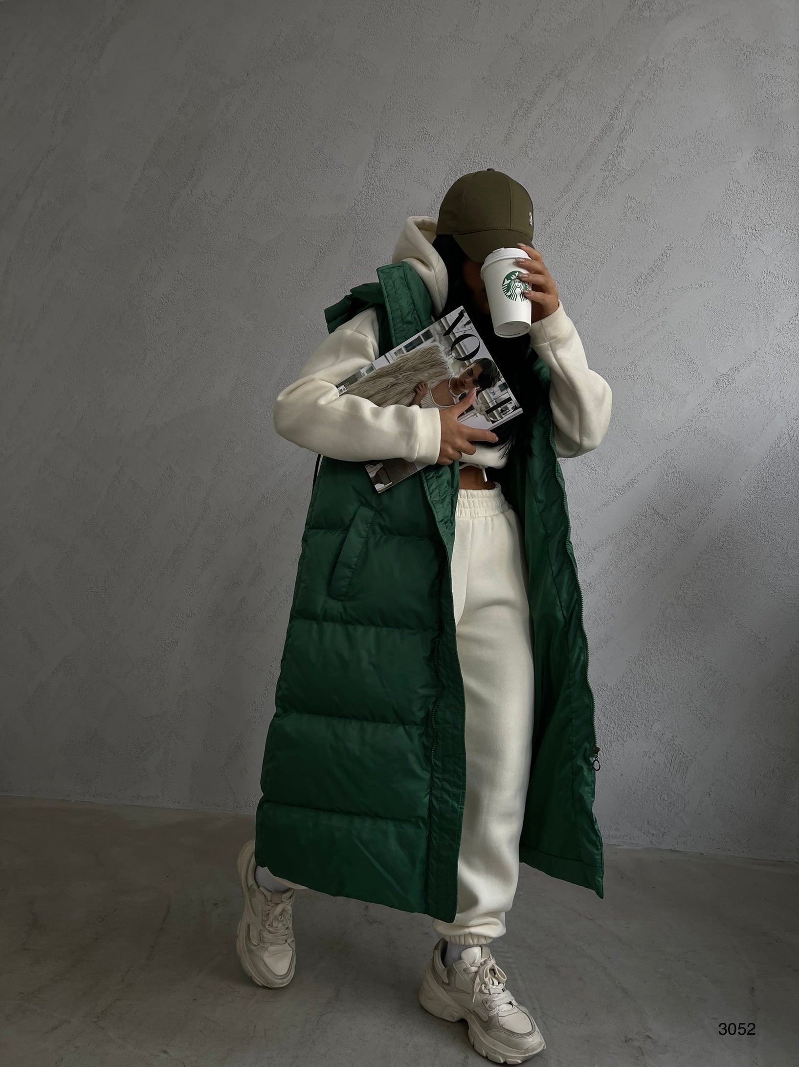Kapusonlu Sisme Khaki Maxi Vest
