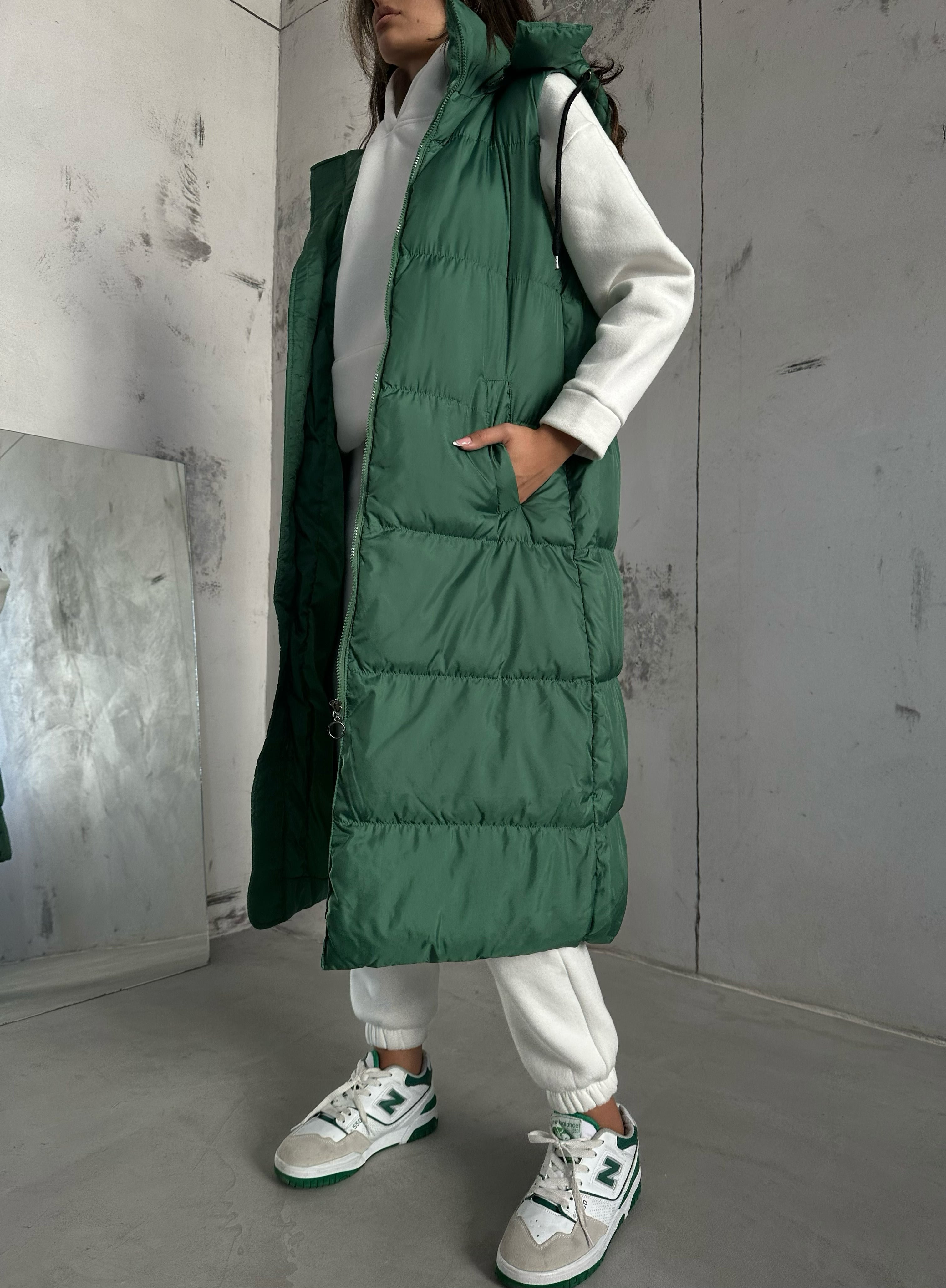 Kapusonlu Sisme Khaki Maxi Vest