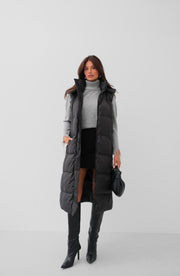 Hooded Puffer Black Maxi Vest