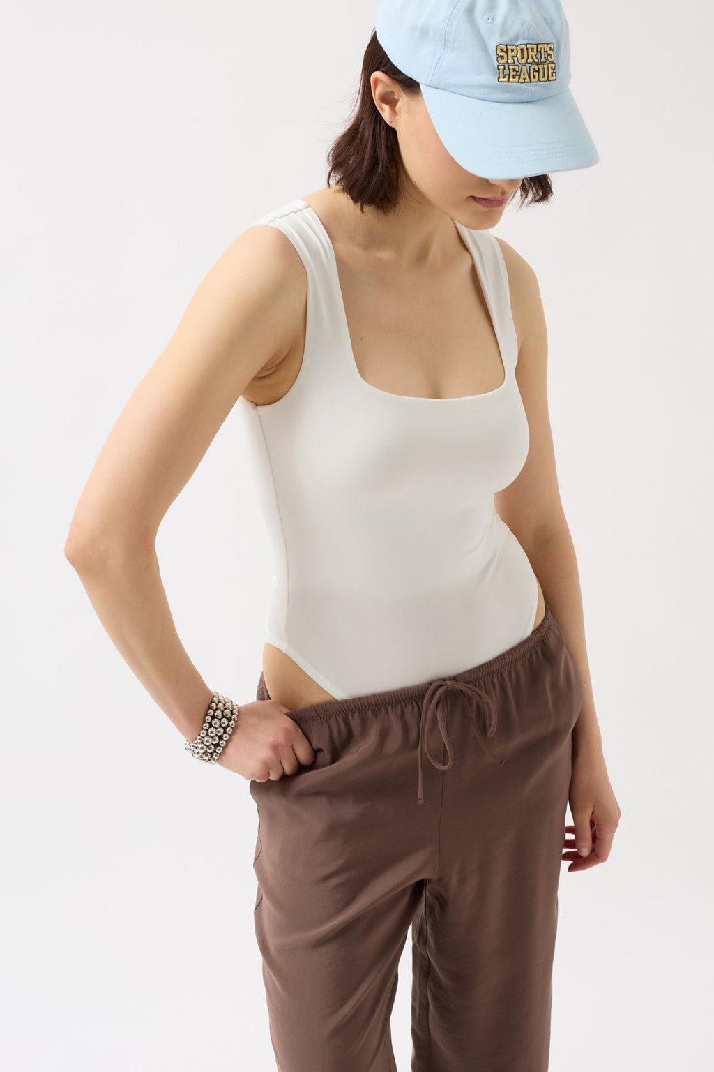 Kare Neck Thick Strap White Bodysuit