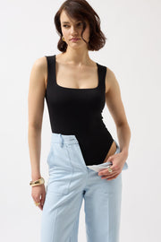 Square Neck Thick Straps Black Bodysuit