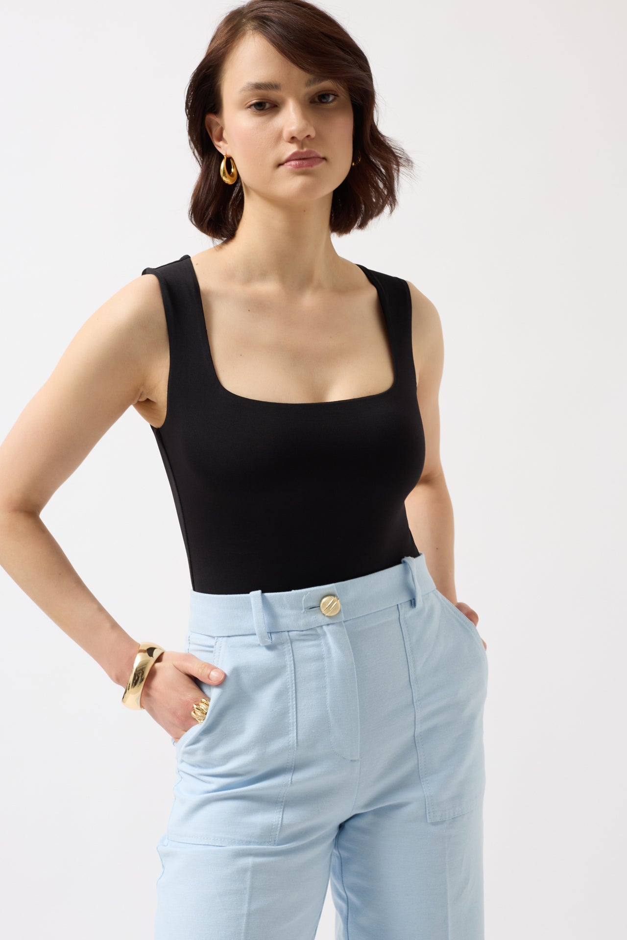 Square Neck Thick Strap Black Bodysuit