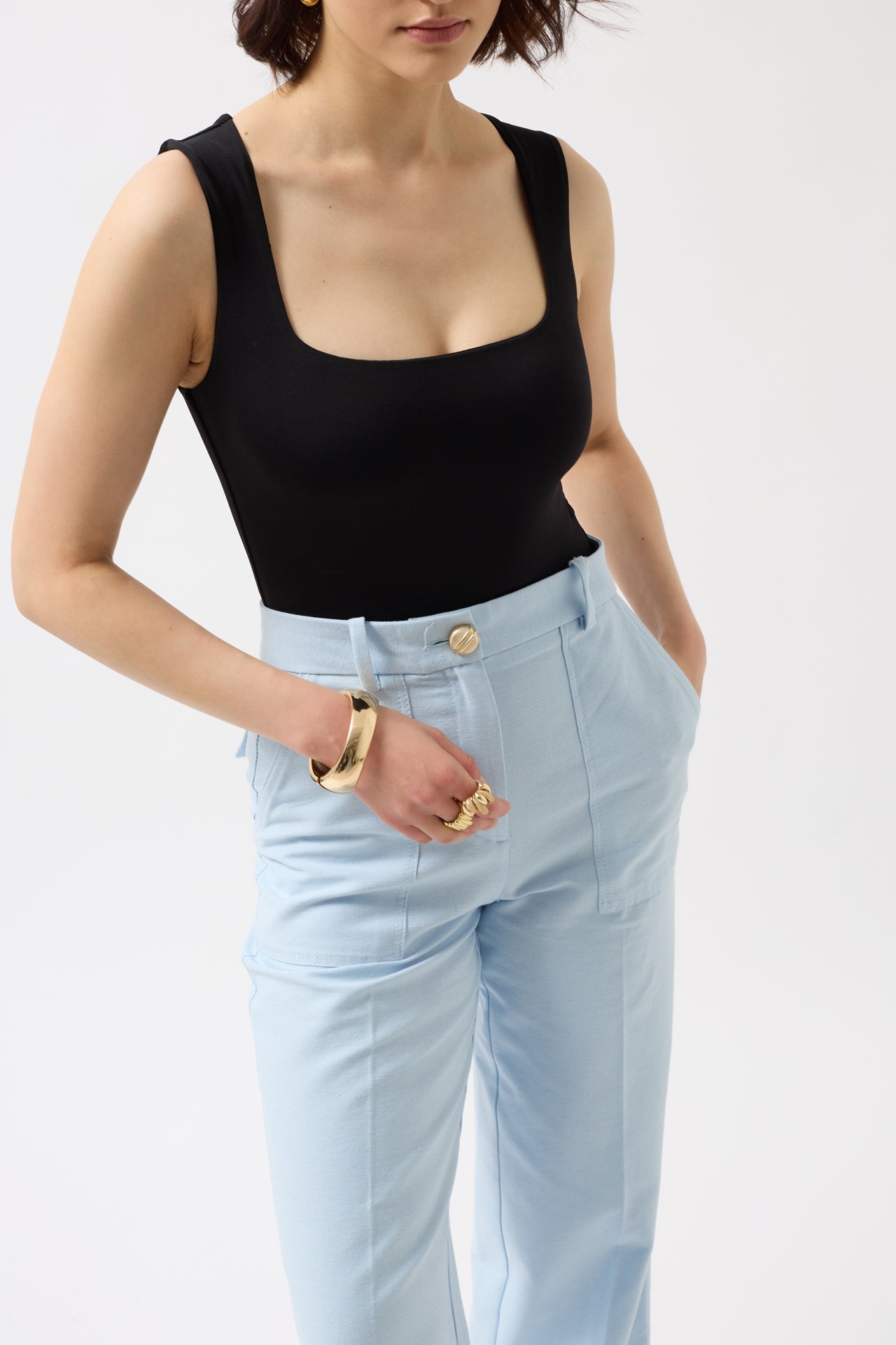 Square Neck Thick Strap Black Bodysuit