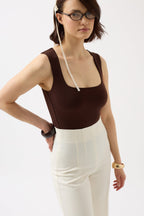 Square Neck Thick Strap Brown Bodysuit