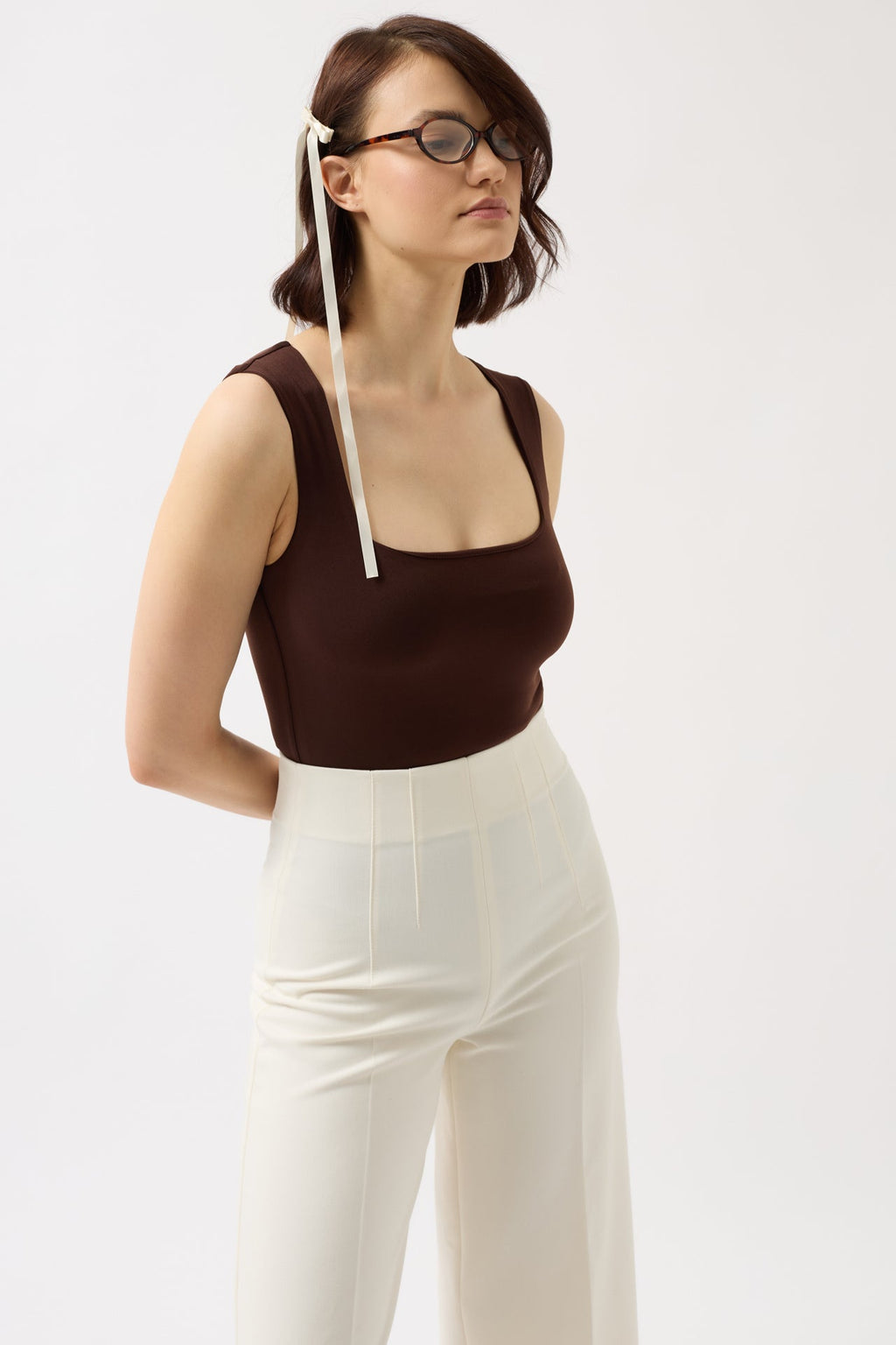 Square Neck Thick Strap Brown Bodysuit