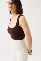Square Neck Thick Strap Brown Bodysuit