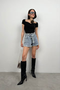 Square Neck Black Knit Blouse