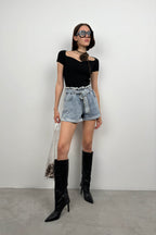 Square Neck Black Knit Blouse