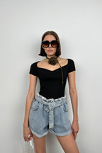 Square Neck Black Knit Blouse