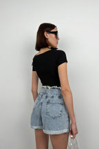Square Neck Black Knit Blouse