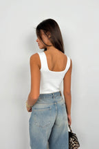 Square Neck Ecru Knit Blouse