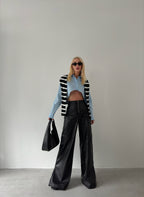 Cargo Pocket Wide-Leg Black Leather Pants