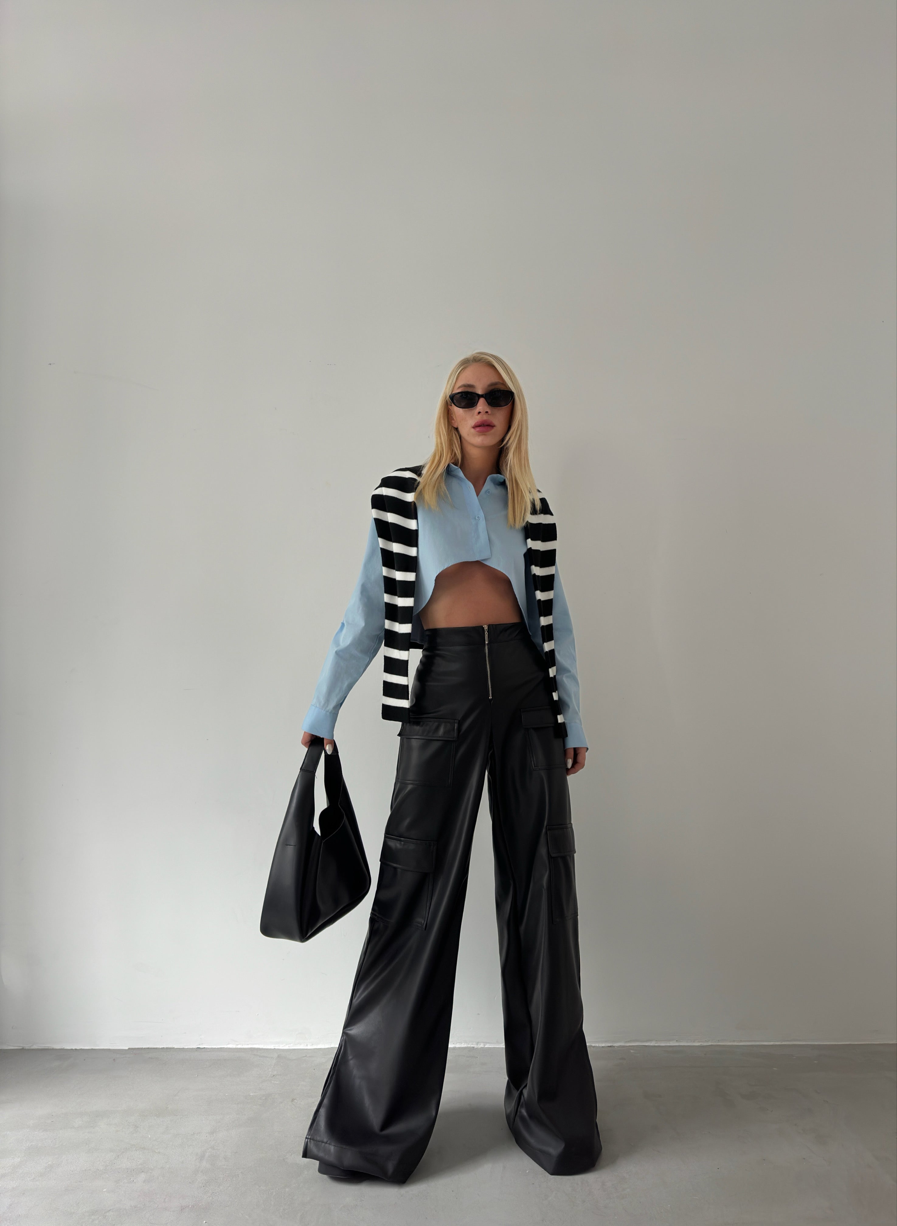 Cargo Pocket Wide-Leg Black Leather Pants