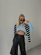Cargo Pocket Wide-Leg Black Leather Pants