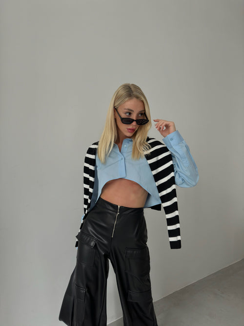 Cargo Pocket Wide-Leg Black Leather Pants