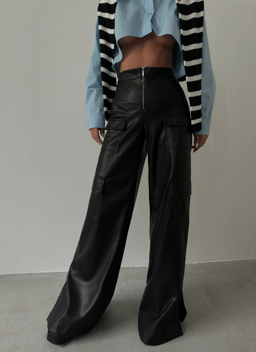 Cargo Pocket Wide-Leg Black Leather Pants