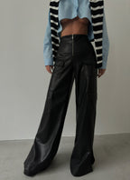 Cargo Pocket Wide-Leg Black Leather Pants