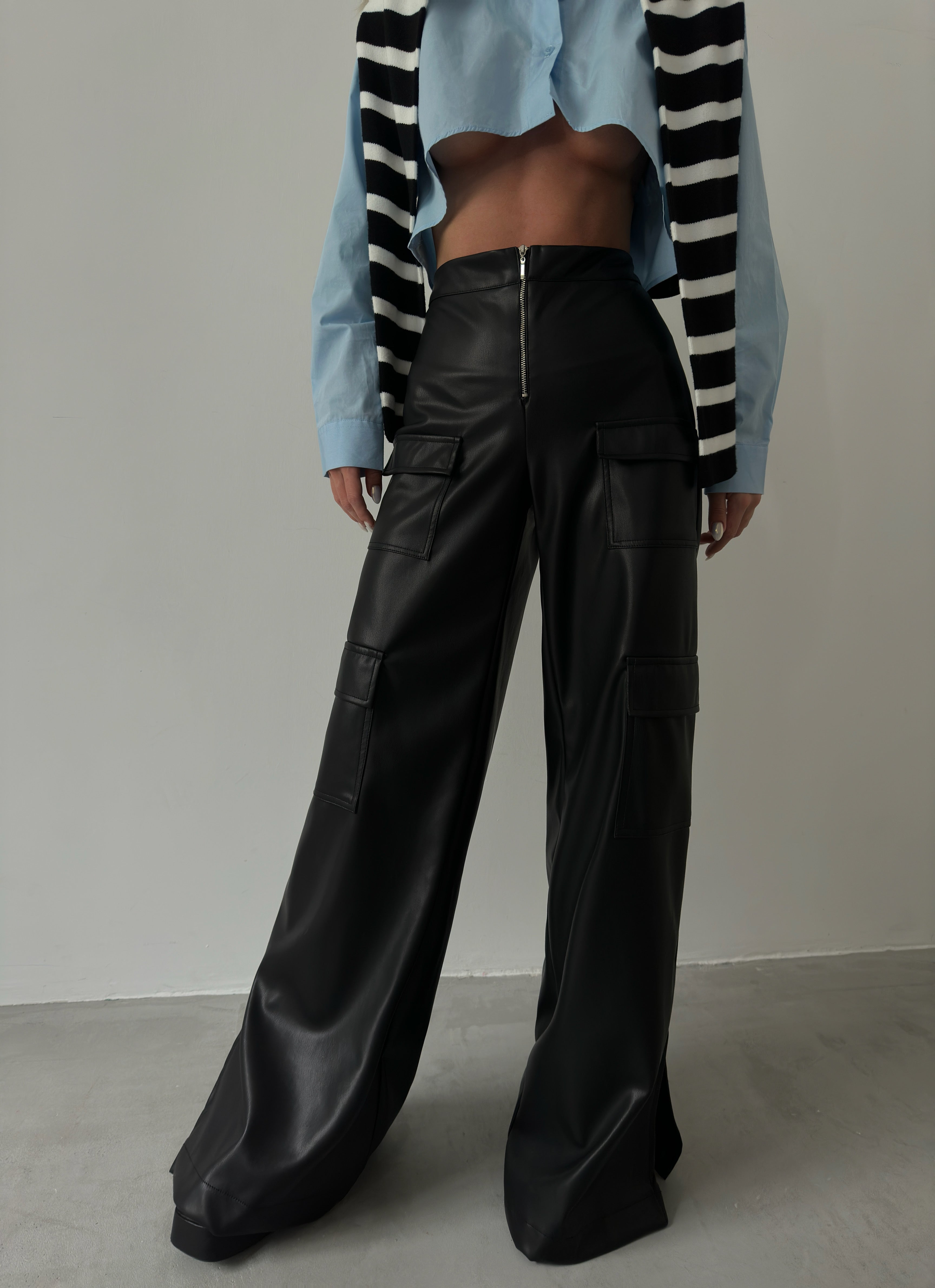Cargo Pocket Wide-Leg Black Leather Pants