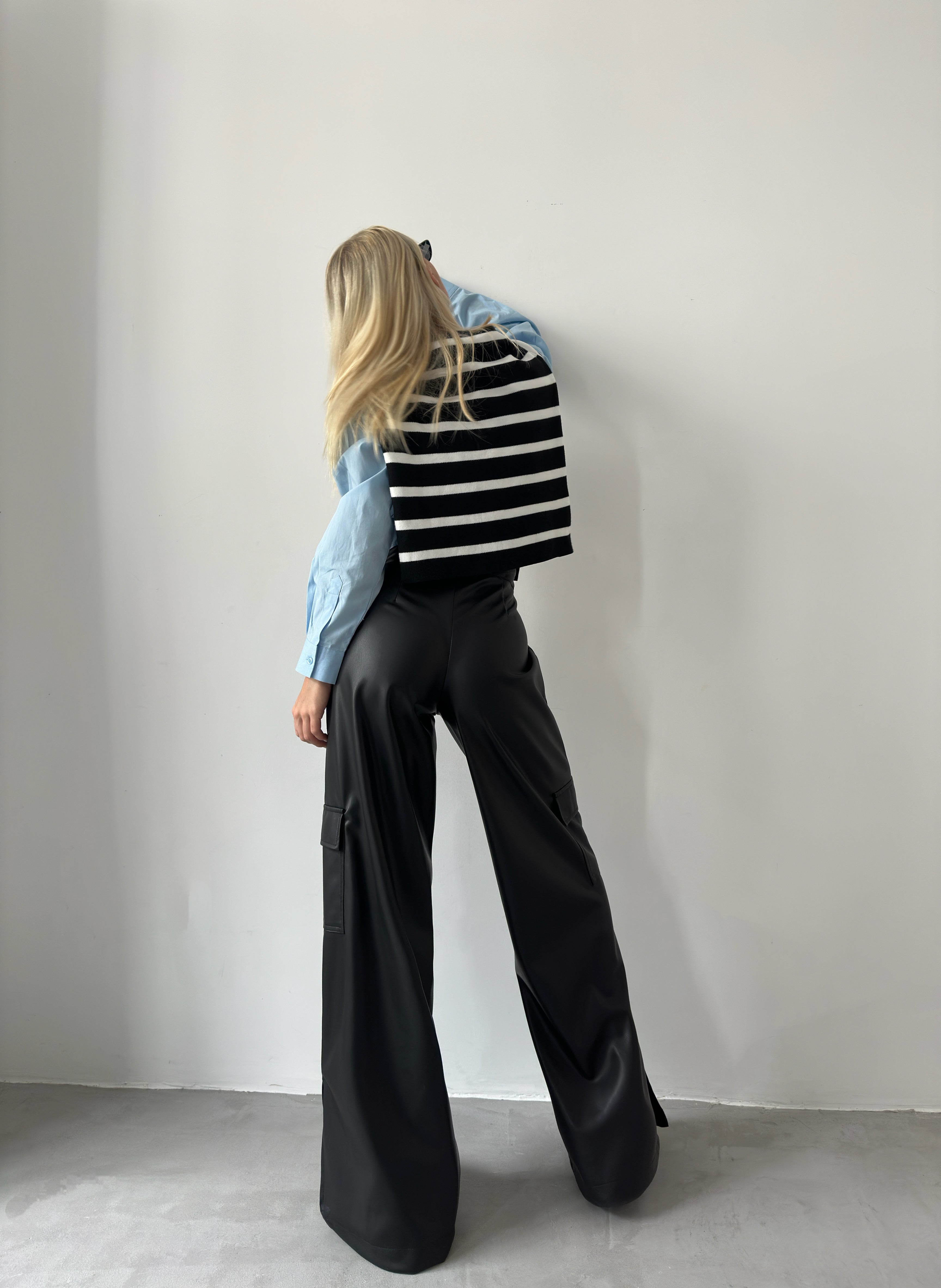 Cargo Pocket Wide-Leg Black Leather Pants