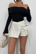 Cargo Pocket Waistt Detail White Denim Skort