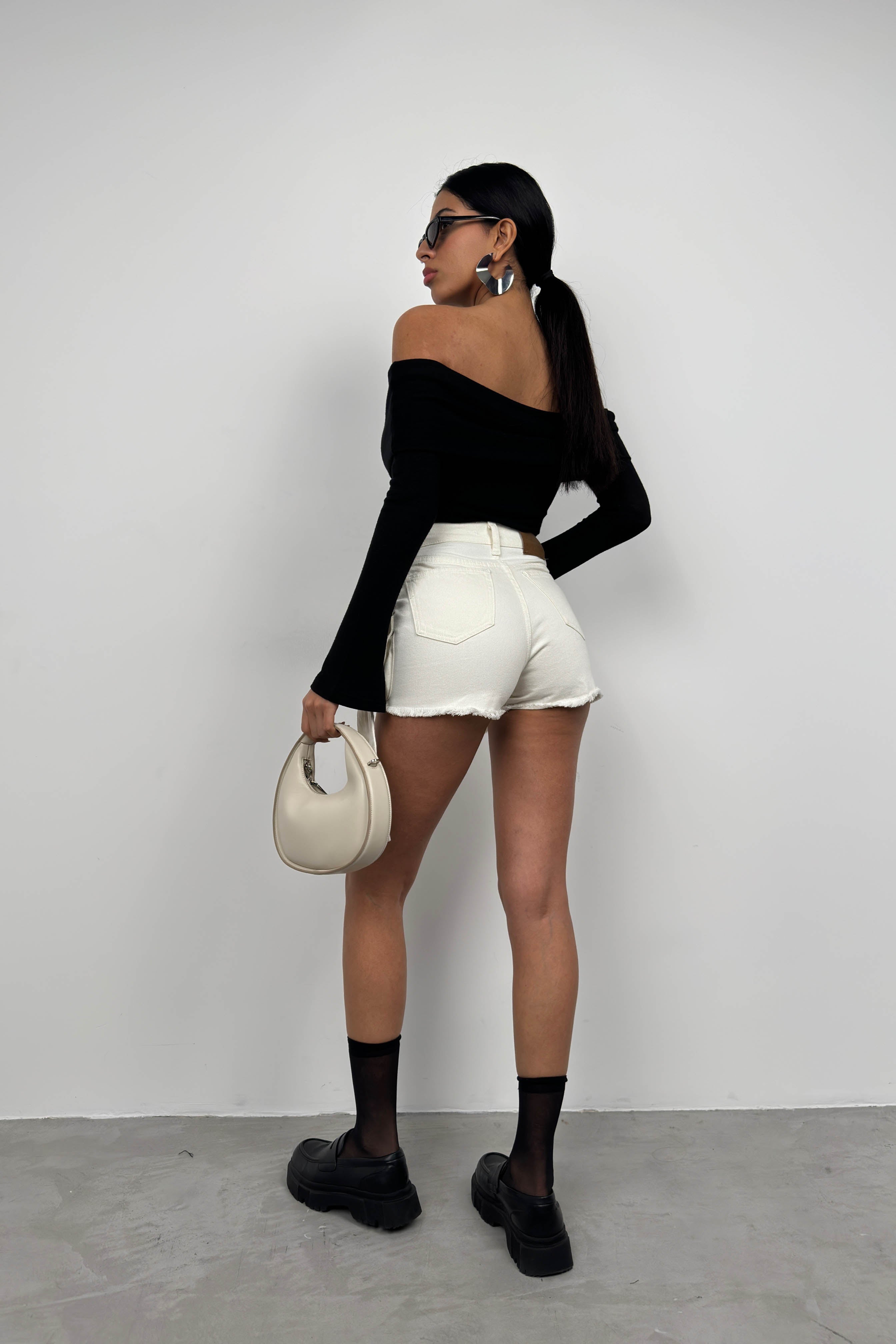 Cargo Pocket Waistt Detail White Denim Skort