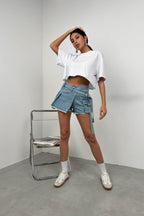 Cargo Pocket Waistt Detail Blue Denim Skort