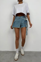 Cargo Pocket Waistt Detail Blue Denim Skort