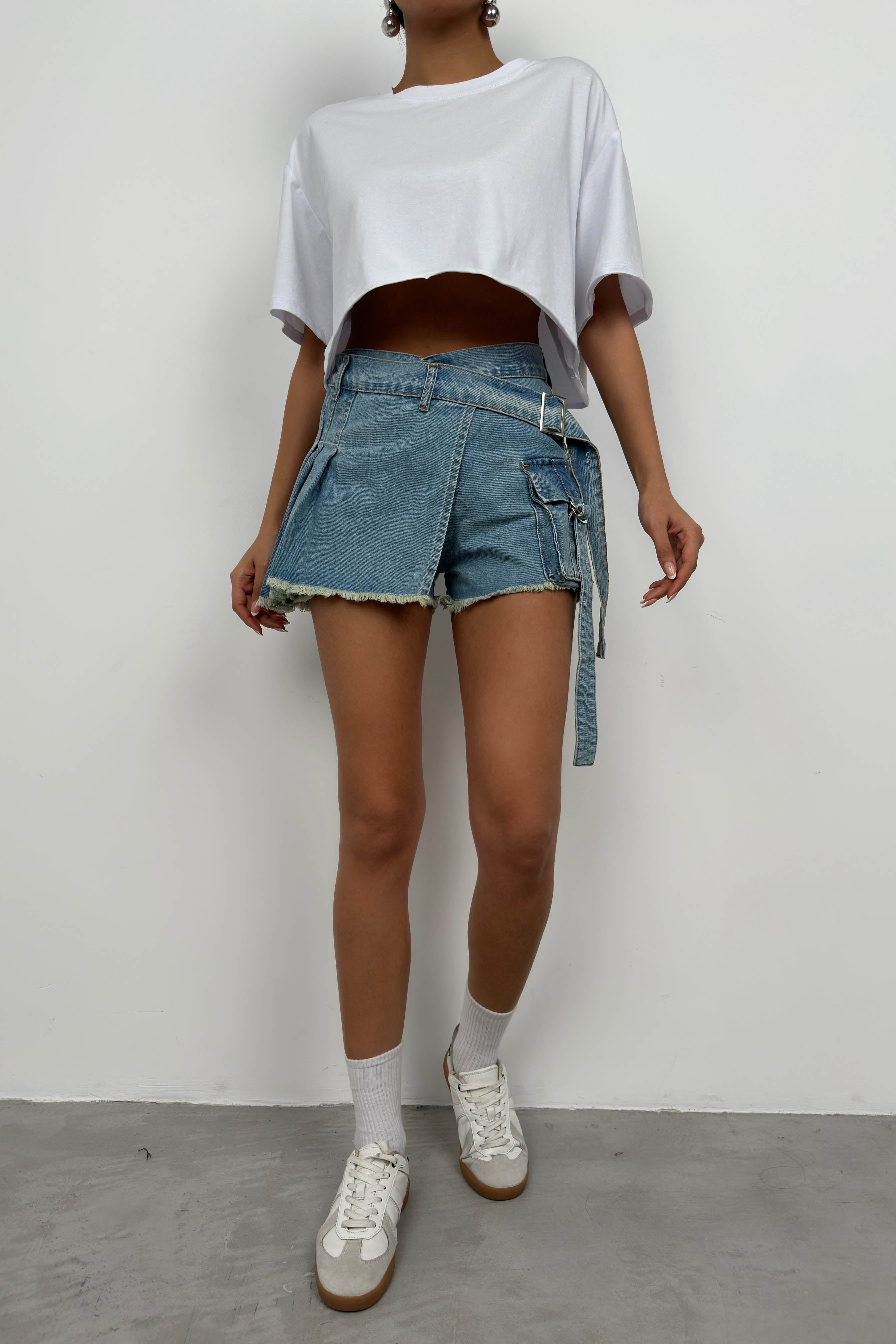 Cargo Pocket Waistt Detail Blue Denim Skort