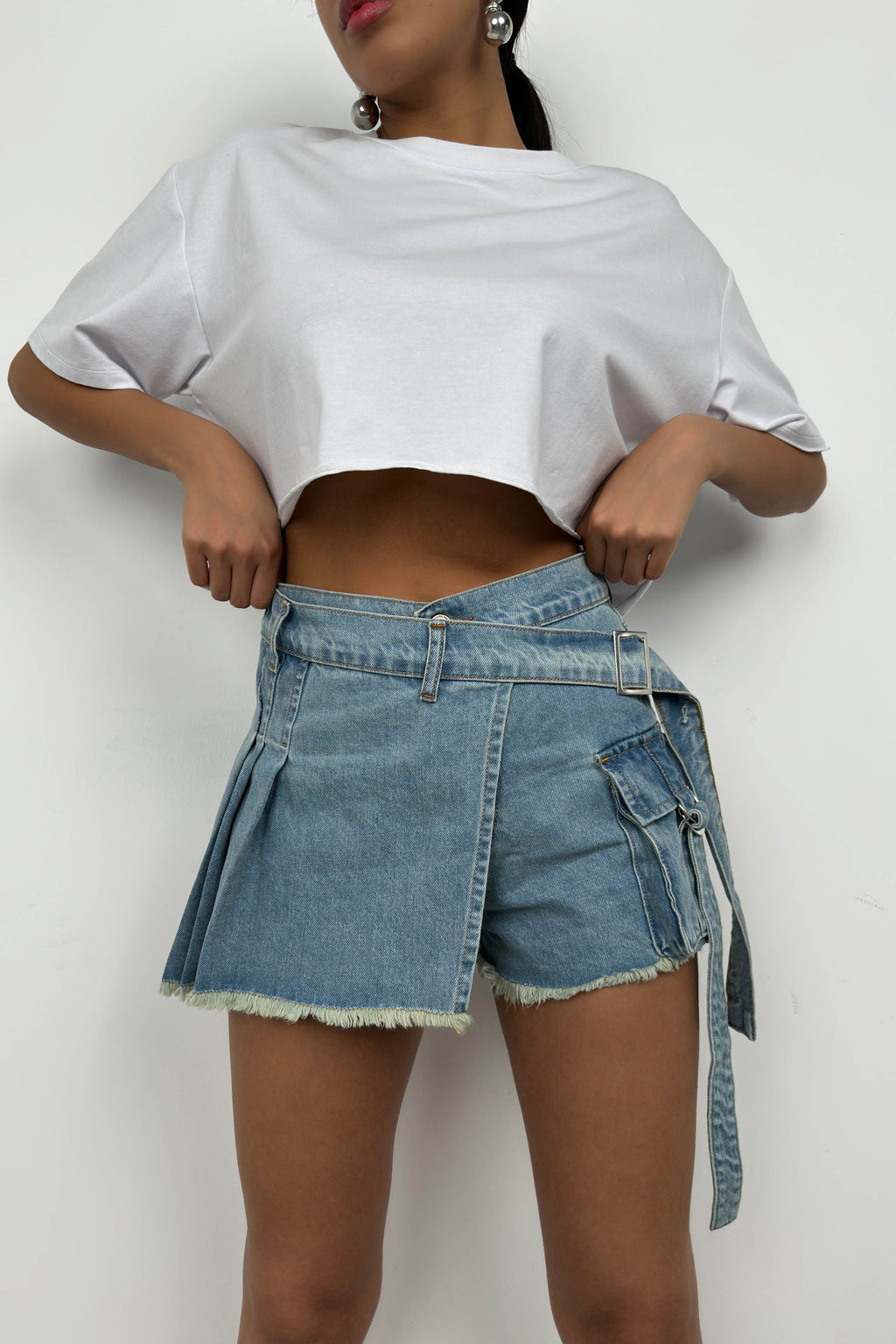 Cargo Pocket Waistt Detail Blue Denim Skort