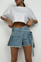 Cargo Pocket Waistt Detail Blue Denim Skort