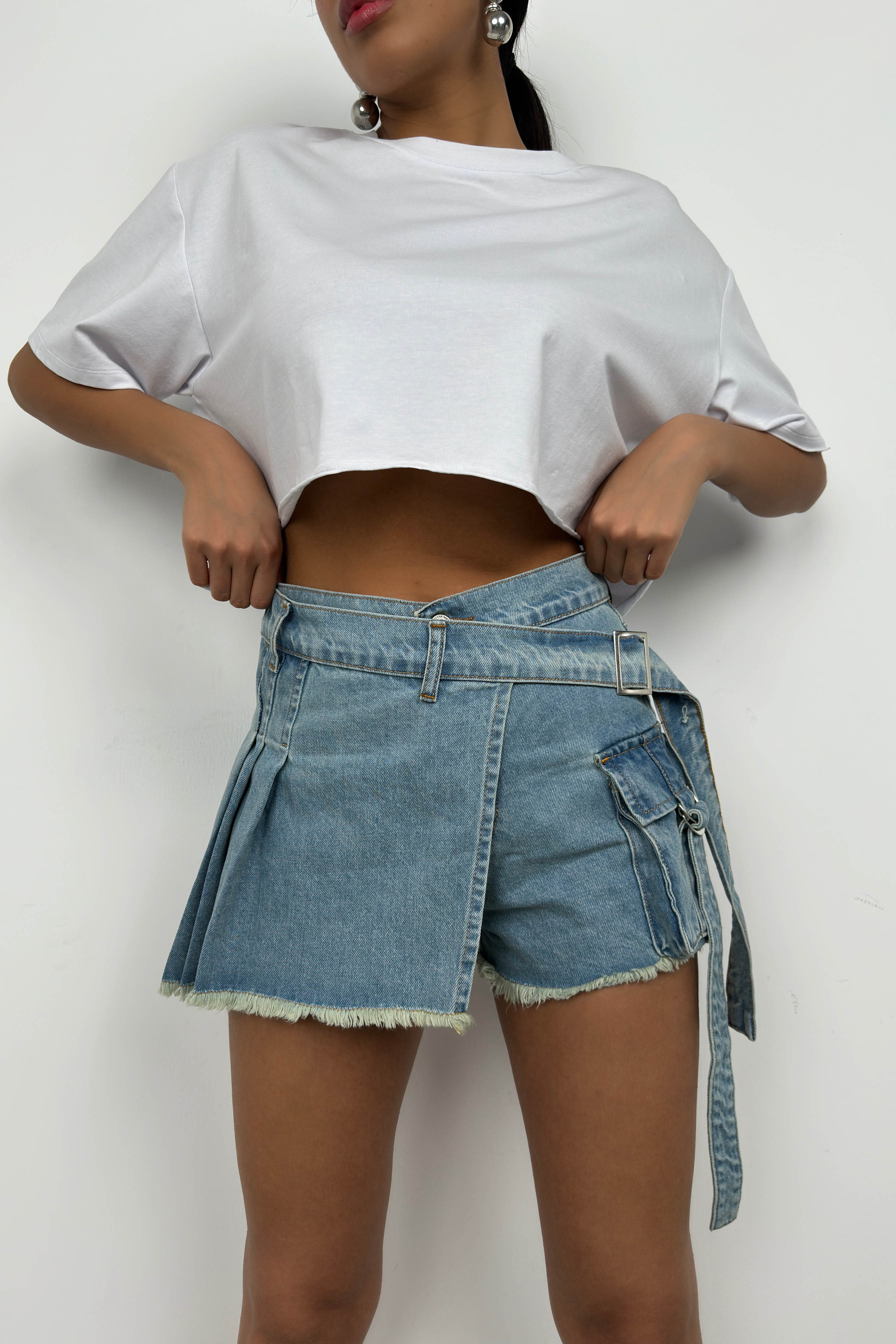 Cargo Pocket Waistt Detail Blue Denim Skort