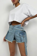 Cargo Pocket Waistt Detail Blue Denim Skort