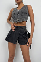 Cargo Pocket Waistt Detail Gray Denim Skort