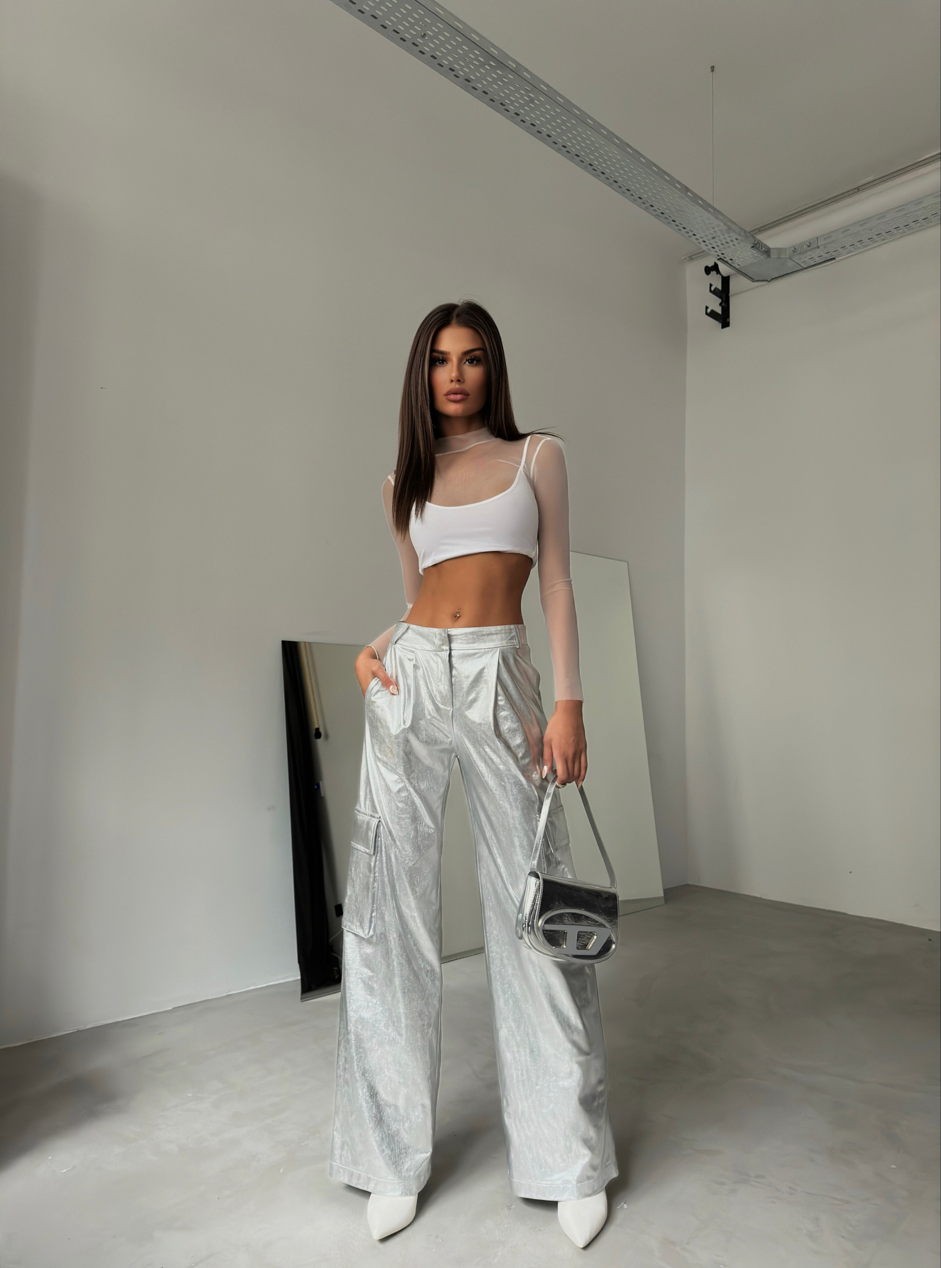 Cargo Pocket Metallic Silver Pants