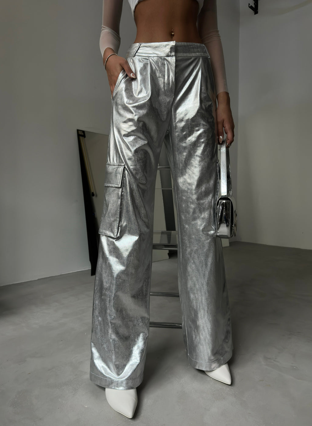 Cargo Pocket Metallic Silver Pants