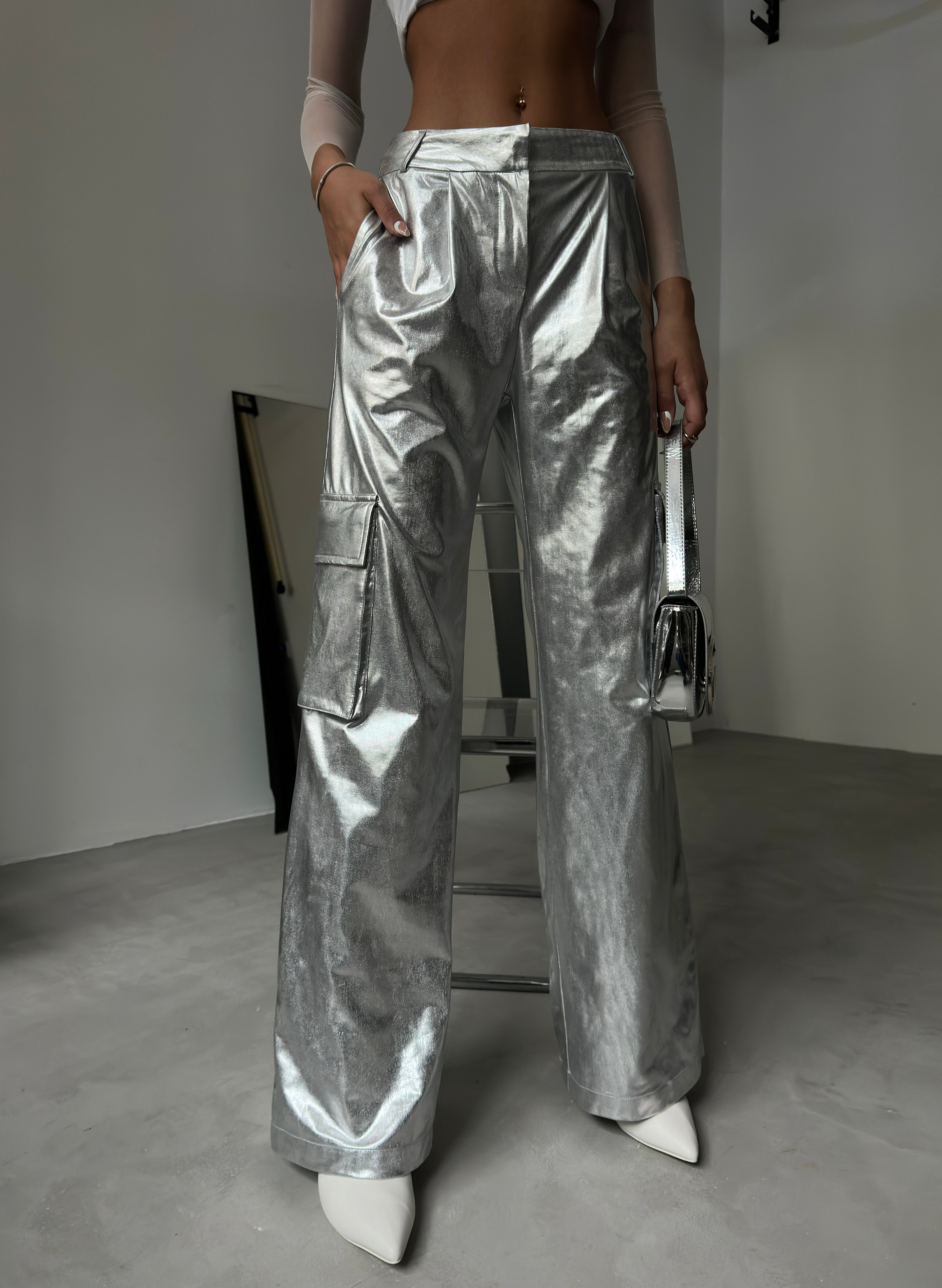 Cargo Pocket Metallic Silver Pants