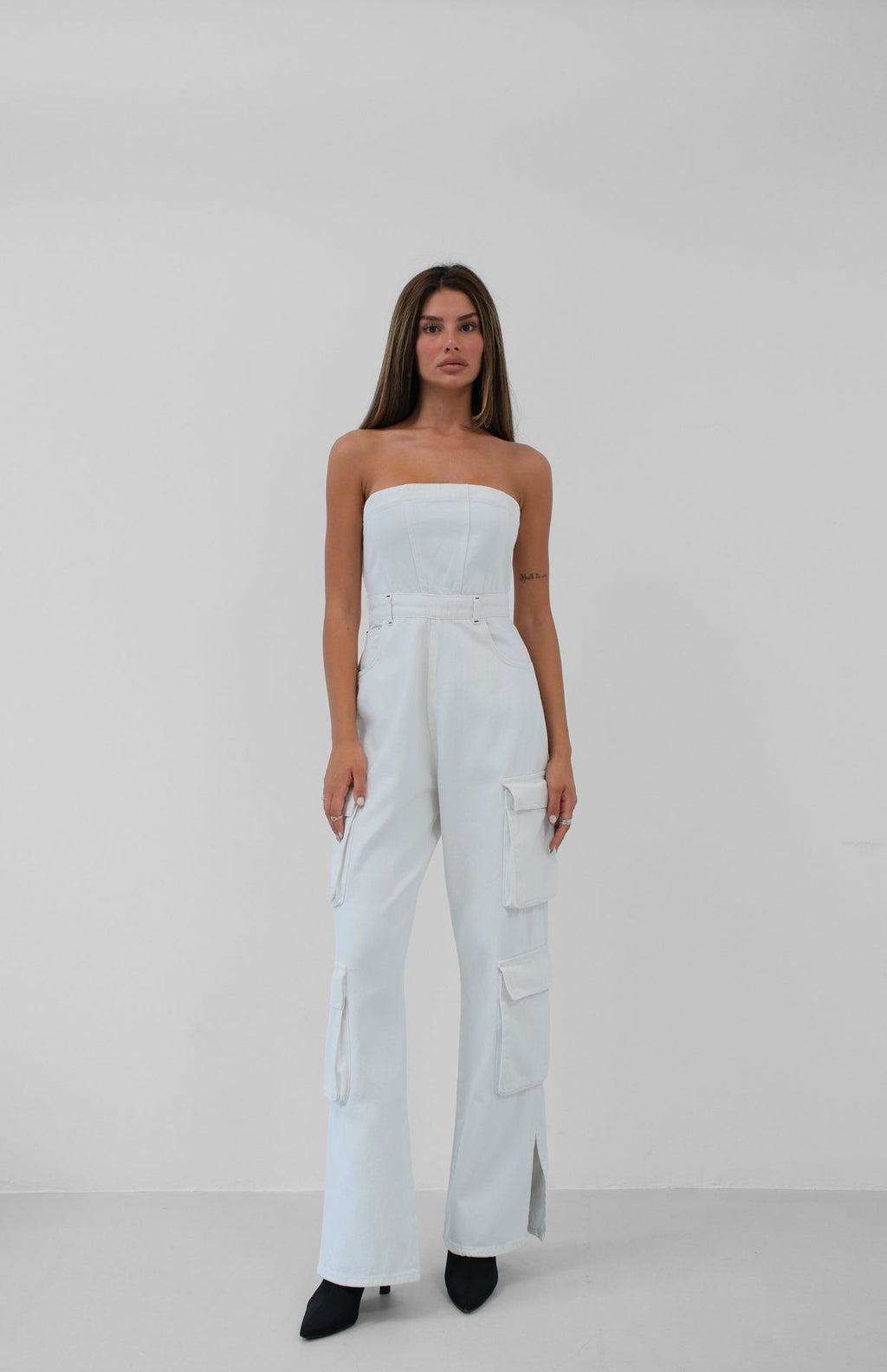 Cargo Pocket Strapless Ecru Denim Jumpsuit